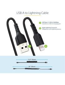 StarTech.com 50cm/20in USB to Lightning Cable, MFi Certified, Coiled iPhone Charger Cable, Black, Durable TPE Jacket Aramid Fibe