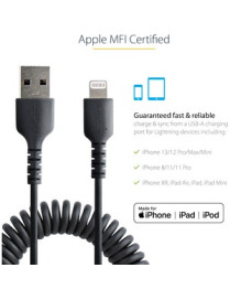 StarTech.com 50cm/20in USB to Lightning Cable, MFi Certified, Coiled iPhone Charger Cable, Black, Durable TPE Jacket Aramid Fibe