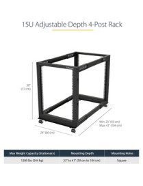 StarTech.com 15U 19" Open Frame Server Rack - 4 Post, Adjustable Depth 22 to 40" - Mobile Network Equipment Rack - HP ProLiant T