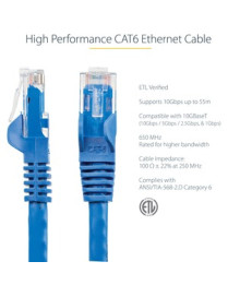 StarTech.com 10ft CAT6 Ethernet Cable - Blue Snagless Gigabit - 100W PoE UTP 650MHz Category 6 Patch Cord UL Certified Wiring/TI