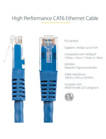 StarTech.com 5ft CAT6 Ethernet Cable - Blue Molded Gigabit - 100W PoE UTP 650MHz - Category 6 Patch Cord UL Certified Wiring/TIA