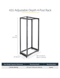 StarTech.com 42U Adjustable Depth Open Frame 4 Post Server Rack Cabinet - Flat Pack w/ Casters, Levelers and Cable Management Ho
