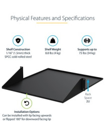 StarTech.com 2U 19" 2-Post Network Rack Cabinet Shelf 20in Deep Center Mount Cantilever Tray Rackmount for AV/Data Equipment 75l