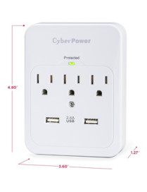 Cyber Power CyberPower CSP300WUR1 Professional 3-Outlets Surge with 600J, 2-2.1A USB and Wall Tap - Plain Brown Boxes - 3 x NEMA