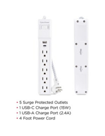 Cyber Power CyberPower P504UC 5-Outlets Surge Suppressor/Protector - 5 x NEMA 5-15R, 2 x USB - 500 J - 125 V Input - 5 V DC Outp