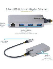 StarTech.com 3-Port USB Hub with Ethernet, USB-A Ports, Gigabit Ethernet/GbE, 5Gbps, Bus-Powered, 1ft/30cm Cable, Portable Lapto