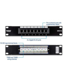 TRENDnet 8-Port Cat5/5e Unshielded Patch Panel, TC-P08C5E, Wallmount or Rackmount, 10 Inch Wide, 8 x Gigabit RJ-45 Ethernet Port