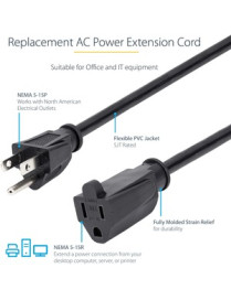 StarTech.com 10ft (3m) Power Extension Cord, NEMA5-15R to NEMA5-15P Black Extension Cord, 13A 125V, 16AWG, Computer Power Extens