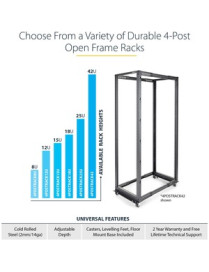 StarTech.com 25U Adjustable Depth Open Frame 4 Post Server Rack w/ Casters / Levelers and Cable Management Hooks - Store your se
