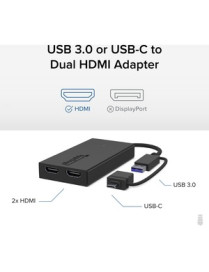 Plugable HDMI/USB/USB-C Audio/Video Adapter - 1 x USB 3.0 Type A - Male, 1 x USB 3.0 Type C - Male - 2 x HDMI Digital Audio/Vide