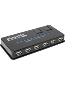 Plugable USB Hub, 10 Port - USB 2.0 with 20W Power Adapter and Two Flip-Up Ports - USB 2.0 Type A - External - 10 USB Port(s) - 