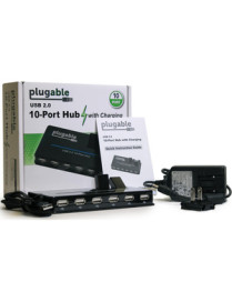 Plugable USB Hub, 10 Port - USB 2.0 with 20W Power Adapter and Two Flip-Up Ports - USB 2.0 Type A - External - 10 USB Port(s) - 