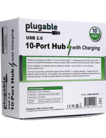 Plugable USB Hub, 10 Port - USB 2.0 with 20W Power Adapter and Two Flip-Up Ports - USB 2.0 Type A - External - 10 USB Port(s) - 