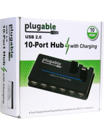 Plugable USB Hub, 10 Port - USB 2.0 with 20W Power Adapter and Two Flip-Up Ports - USB 2.0 Type A - External - 10 USB Port(s) - 