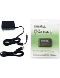 Plugable USB 2.0 4-Port High Speed Hub with 12.5W Power Adapter. - USB 2.0 Type A - External - 4 USB Port(s) - 4 USB 2.0 Port(s)