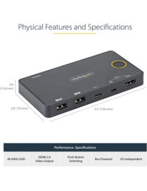 StarTech.com 2 Port Hybrid USB-A + HDMI & USB-C KVM Switch, Single 4K 60Hz HDMI 2.0 Monitor, Compact Desktop and/or Laptop HDMI 