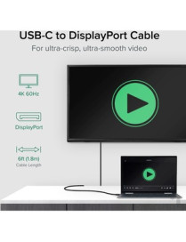 Plugable USB 3.1 Type-C to DisplayPort Adapter Cable - 6 ft DisplayPort/USB-C A/V Cable for Chromebook, Motherboard, MacBook, Ta