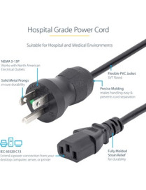 StarTech.com 3ft (1m) Hospital Grade Power Cord, 18AWG, NEMA 5-15P to C13, 10A 125V, Green Dot Medical Power Cable, Monitor Powe