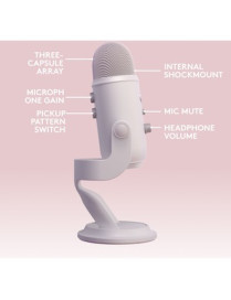 Logitech Blue Yeti Wired Microphone - White Mist - Shock Mount, Desktop, Stand Mountable - USB