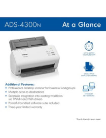 Brother ADS-4300N Sheetfed Scanner - 600 x 600 dpi Optical - 48-bit Color - 40 ppm (Mono) - 40 ppm (Color) - Duplex Scanning - U