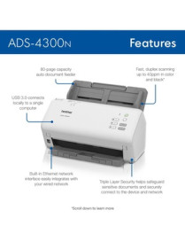 Brother ADS-4300N Sheetfed Scanner - 600 x 600 dpi Optical - 48-bit Color - 40 ppm (Mono) - 40 ppm (Color) - Duplex Scanning - U