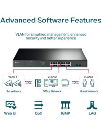 Tp Link TP-Link JetStream 16-Port Gigabit Easy Smart PoE/PoE+ Switch - 16 Ports - Manageable - Gigabit Ethernet - 1000Base-T, 10