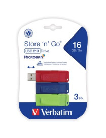 Verbatim Microban 16GB Store 'n' Go USB Flash Drive - 3pk - Red, Green, Blue - 16 GB - USB 2.0 Type A - Blue, Green, Red - Lifet