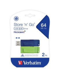 Verbatim Microban 64GB Store 'n' Go USB Flash Drive - 2pk - Blue, Green - 64 GB - USB 2.0 Type A - Blue, Green - Lifetime Warran