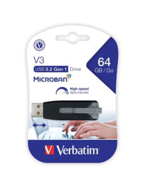 Verbatim Microban Store 'n' Go V3 USB Drive - 64 GB - USB 3.2 (Gen 1) Type A - 80 MB/s Read Speed - 25 MB/s Write Speed - Black,