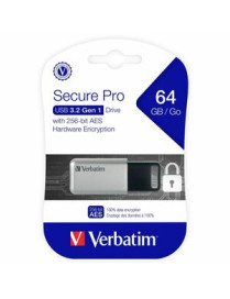 Verbatim 64GB Store'n' Go Secure Pro USB 3.0 Flash Drive with AES 256 Hardware Encryption - Silver - 64 GB - USB 3.0 - Silver - 