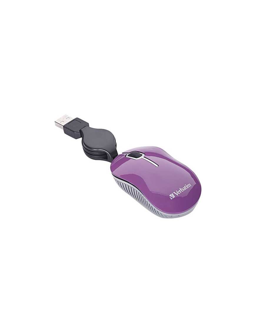 Verbatim Mini Travel Optical Mouse, Commuter Series - Purple - Optical - Cable - Purple - 1 Pack - USB 2.0 - Scroll Wheel - 3 Bu