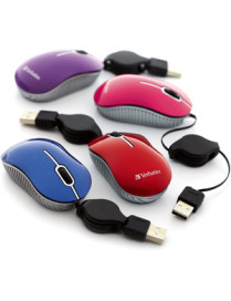 Verbatim Mini Travel Optical Mouse, Commuter Series - Purple - Optical - Cable - Purple - 1 Pack - USB 2.0 - Scroll Wheel - 3 Bu