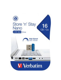 Verbatim 16GB Store 'n' Stay Nano USB 3.0 Flash Drive - Blue - 16 GB - USB 3.2 (Gen 1) Type A - Blue - Lifetime Warranty - 1 Eac