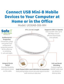 Tripp Lite Safe-IT USB-A to USB Mini-B Antibacterial Cable (M/M), USB 2.0, White, 6 ft. - 6 ft Mini USB/USB Data Transfer Cable 