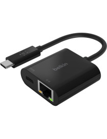 Belkin USB-C to Ethernet + Charge Adapter - 1 x Type C USB Male - 1 x RJ-45 Network Female, 1 x Type C USB Female - Black