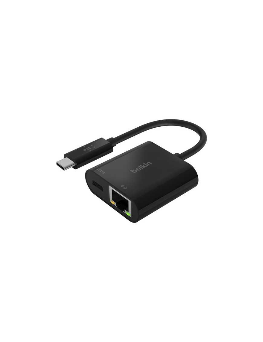 Belkin USB-C to Ethernet + Charge Adapter - 1 x Type C USB Male - 1 x RJ-45 Network Female, 1 x Type C USB Female - Black