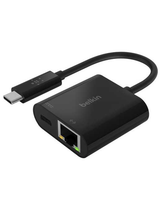 Belkin USB-C to Ethernet + Charge Adapter - 1 x Type C USB Male - 1 x RJ-45 Network Female, 1 x Type C USB Female - Black