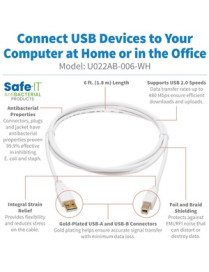 Tripp Lite Safe-IT USB-A to USB-B Antibacterial Cable (M/M), USB 2.0, White, 6 ft. - 6 ft USB/USB-B Data Transfer Cable for Comp