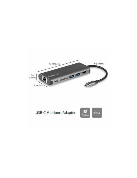 StarTech.com USB C Multiport Adapter - Portable USB Type-C Travel Dock - 4K HDMI, 2-pt USB Hub, SD, GbE, 60W PD Pass-Through - L